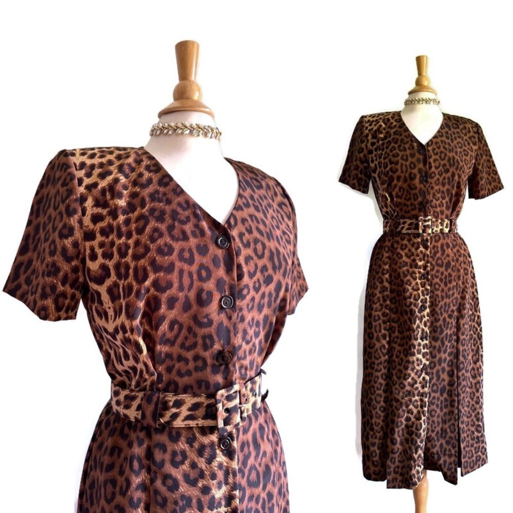 1990s vintage leopard belted midi dress size 8 medium large